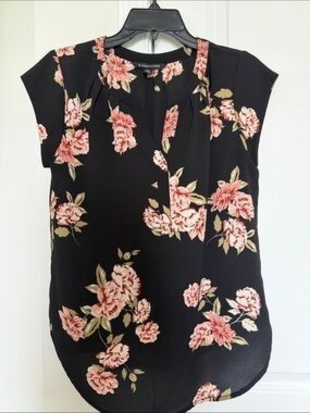 Black Floral Cap-Sleeve Blouse with Pink Bloom Print